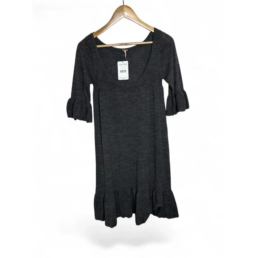 NWT Free People Wool Dark Charcoal Scoop Neck Ruffle Hem Dress Size Large